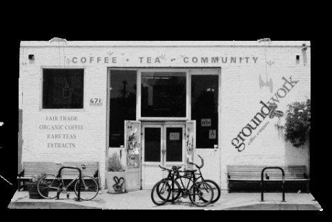 A black and white storefront illustration of Groundwork Coffee's Rose Avenue building